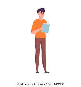 Young man standing and reading a book with the blue cover. Vector illustration in a flat cartoon style.