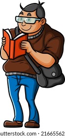 The young man is standing and reading a book of illustration