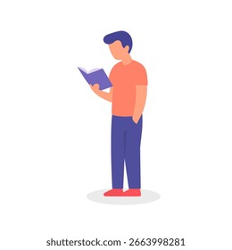 Jovem em pé e leitura livro, ilustração de personagem plana em estilo moderno mínimo sobre fundo branco