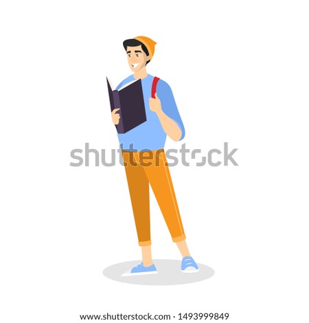 Young man standing and reading book concept. The person read in library. Guy study. Isolated vector illustration in cartoon style