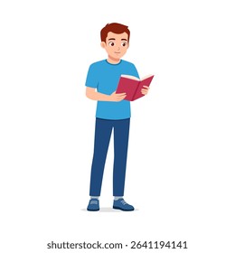 Young Man Standing and Reading a Red Book with Focused Expression in Illustration