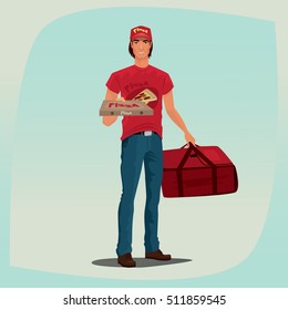 Young man standing in red branded clothes with logo and inscription. In one hand holding pizza box, in other holding courier bag. Food delivery concept. Vector illustration