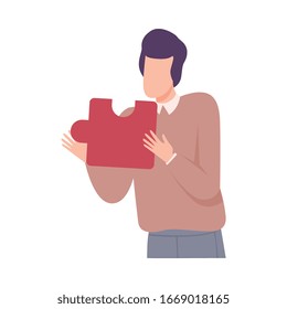 Young Man Standing with Red Puzzle Element Flat Vector Illustration
