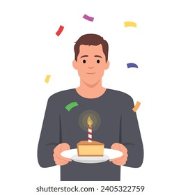 Young man standing right and holding a Birthday big sweet cake with candles. Flat vector illustration isolated on white background