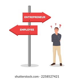 Young man standing at road sign with two career pathways - entrepreneur and employee. Man choosing career way. Man making a decision of career. Flat vector illustration isolated on white background