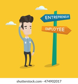 Young man standing at road sign with two career pathways - entrepreneur and employee. Man choosing career pathway. Man making a decision of his career. Vector flat design illustration. Square layout.