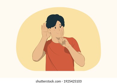 Young Man Standing Saying Hush Be Quiet With Finger On Lips Shhh Gesture Concept