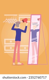 young man standing to set their hair on mirror with happy face