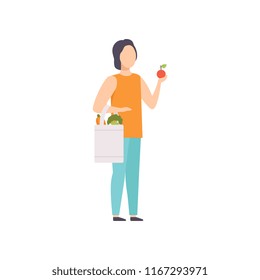 Young man standing with shopping bag full of vegetables and fruits, guy doing shopping at the grocery shop vector Illustration on a white background