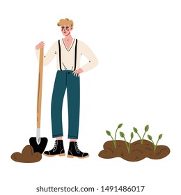 Young Man Standing with Shovel, Guy Working in Garden or Farm Vector Illustration