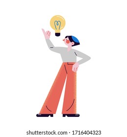 Young man standing and showing eureka gesture with lightbulb. The teenager has an idea. Vector illustration in the flat cartoon style.