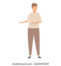 Young man is standing and showing something with his hands, presenting a product or idea