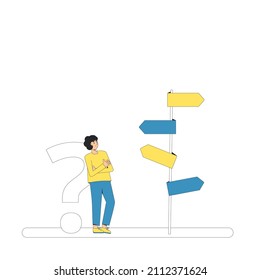 Young man standing at signpost. Make a decision. Confused person thinking about the right path. Vector illustration in line art style.