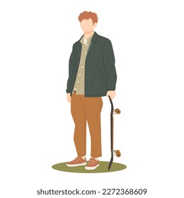 young man standing with skateboard and posing in stylish outfits illustration