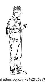 Young man is standing and smiling, with mobile phone in his hand, Hand drawn illustration, Vector sketch