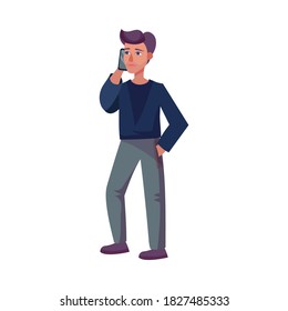 Young Man Standing and Speaking by Phone Vector Illustration