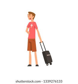 Young Man Standing with Suitcase, Guy Traveling on Vacation Vector Illustration