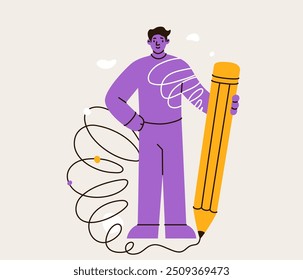 Young man standing in super man pose and holding huge yellow pencil vector illustration. Flat education design. Cute purple modern writer hero character. Concept thinking writing.