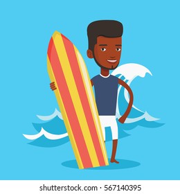 Young man standing with a surf board on the beach. Professional surfer with a surf board at the beach. Surfer standing on the background of sea wave. Vector flat design illustration. Square layout.