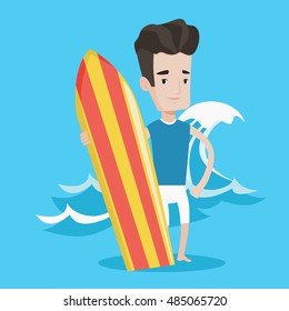 Young man standing with a surfboard on the beach. Professional surfer with a surf board at the beach. Surfer standing on a background of huge sea wave. Vector flat design illustration. Square layout.