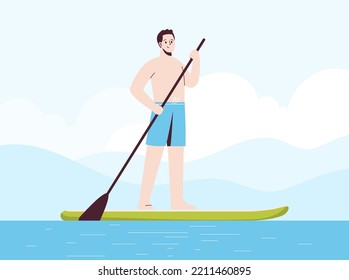 Young man is standing in swimsuit on sup . Stand up paddle. Modern flat style illustration isolated on white background.