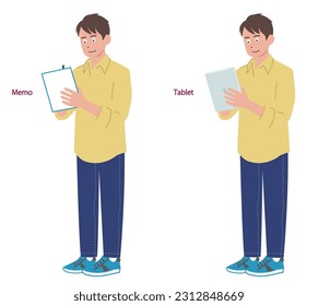 Young man standing and taking notes on paper, young man standing and operating tablet, vector illustration
