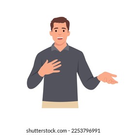 Young man standing and talking with hand gesture trying to convict. Flat vector illustration isolated on white background