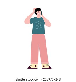 Young man standing talking on cell phone, cartoon vector illustration isolated on white background. Man using modern mobile communication technology gadgets.