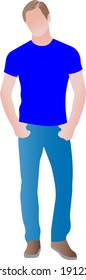 The young man standing there is a blond man in a blue T-shirt and jeans. Youth style. Vector illustration of a character with an unrecognizable anonymous face.