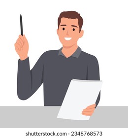 Young man standing with thoughtful expression and holding paper notebook. Thinking man character. Flat vector illustration isolated on white background