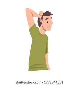 Young Man Standing with Thoughtful Look and Holding Hand on His Head Vector Illustration
