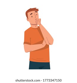 Young Man Standing in Thoughtful pose with Hand on His Chin, Modern Communication Concept, Man Chatting Online via the Internet Using Video Call or Talking Face to Face Vector Illustration