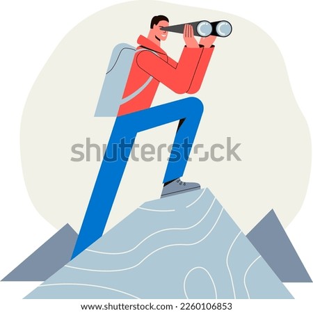 Young man standing at top of mountain with binoculars. Vector illustration concept for leadership, searching for new business ideas, opportunities and perspectives, strategic thinking, mission, vision