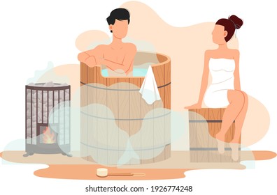 Joven de pie en una bañera y hablando con su novia. El diseño interior del baño. La pareja descansa en la sauna. Los personajes de caricatura en vapor caliente están limpiando el cuerpo y comunicándose juntos