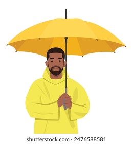 Young man standing with umbrella. Flat vector illustration isolated on white background