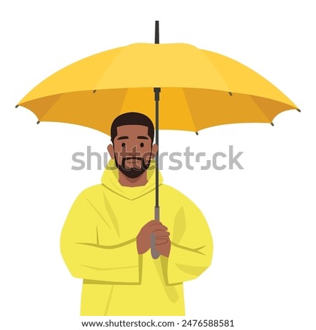 Young man standing with umbrella. Flat vector illustration isolated on white background