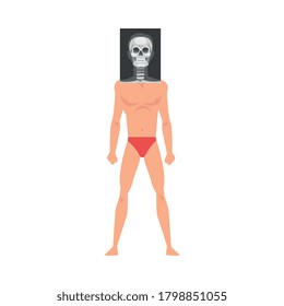 Young Man Standing in Undershorts Doing His Skull Roentgen Vector Illustration