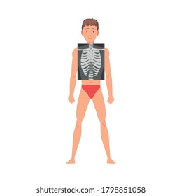 Young Man Standing in Undershorts Doing His Chest Roentgen Vector Illustration