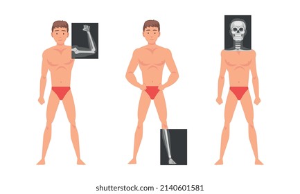 Young Man Standing in Undershorts with His Skeleton X-ray Vector Set