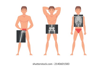 Young Man Standing in Undershorts with His Skeleton X-ray Vector Set