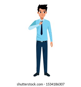 young man standing wearing suit and tie over white background, vector illustration