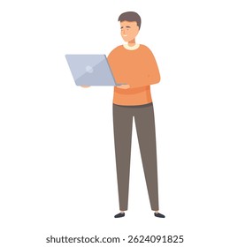 Hombre joven de pie y trabajando en la computadora portátil, freelance, oficina en casa, concepto de trabajo remoto