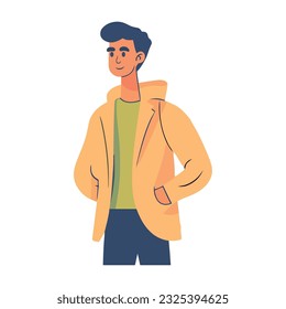 Young man standing in a yellow jacket icon isolated