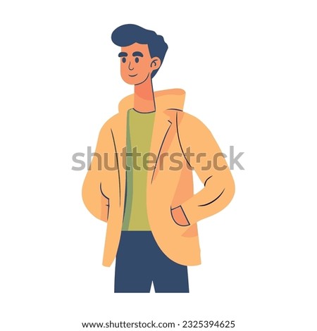 Young man standing in a yellow jacket icon isolated