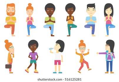 Young man standing in yoga tree pose. Sportsman meditating in yoga tree position. Sporty man doing yoga. Woman practicing yoga. Set of vector flat design illustrations isolated on white background.