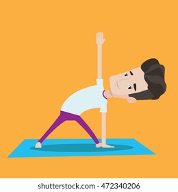 Young man standing in yoga triangle pose. Man meditating in yoga triangle position. Man doing yoga. Vector flat design illustration. Square layout.