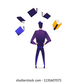 Young man stands back surrounded by flying books and information sources isolated on white background. Back view of male cartoon character of student or analyst in gradient vector illustration.