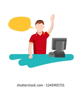 A young man stands behind the counter next to the cashbox and raises his hand