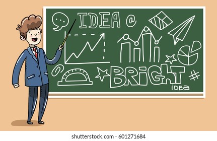 A young man stands at the blackboard and shows the presentation of the project. Business concept cartoon illustration.