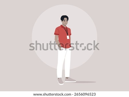 A young man stands confidently, dressed in a vibrant red polo shirt and white trousers, adorned with a lanyard, exuding a sense of casual style and ease in a minimalistic environment